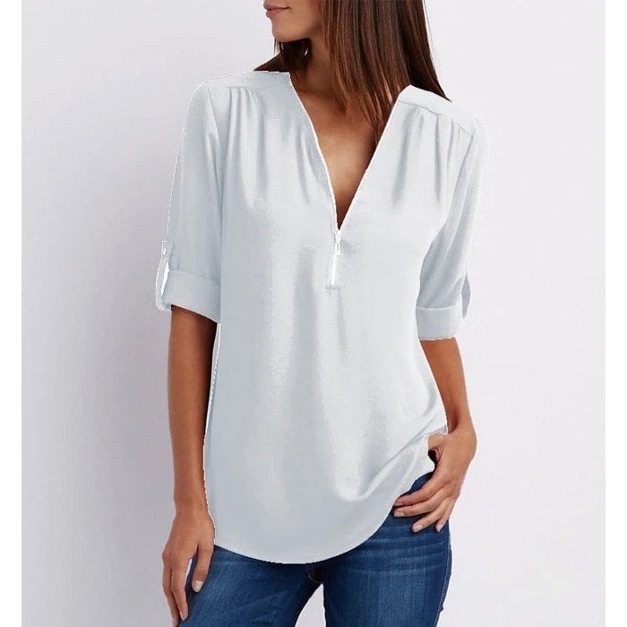Rosé | Blusa Casual de Cuello en V con Cremallera y Manga Corta para Dama