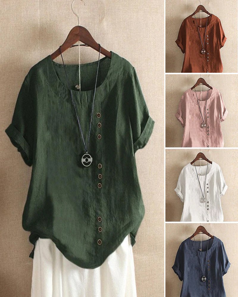 Lino | Top Casual de Cuello Redondo con Botones para Mujer de Manga Corta