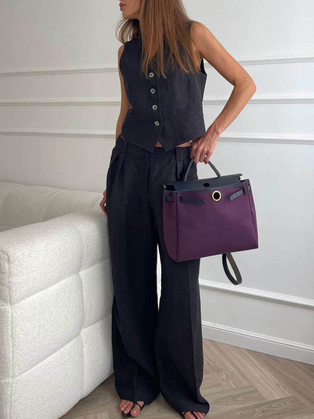 Conjunto de Pantalones Anchos Plisados con Escote en V en Color Lila