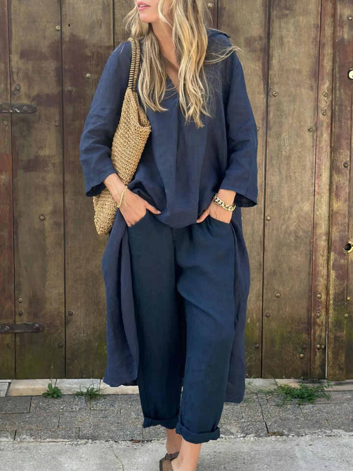 Conjunto de Top de Cuello en V Lila y Pantalones de Pierna Ancha