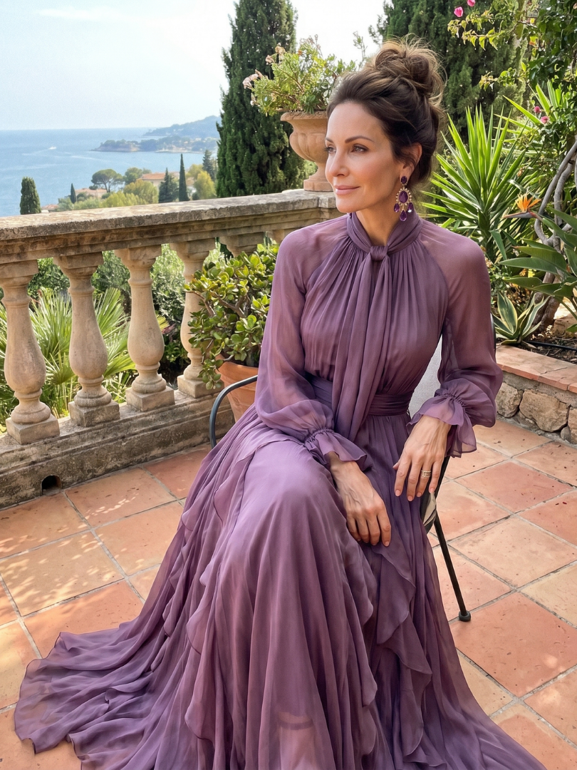 Demetria | Vestido Maxi con Cuello de Lazo y Volantes