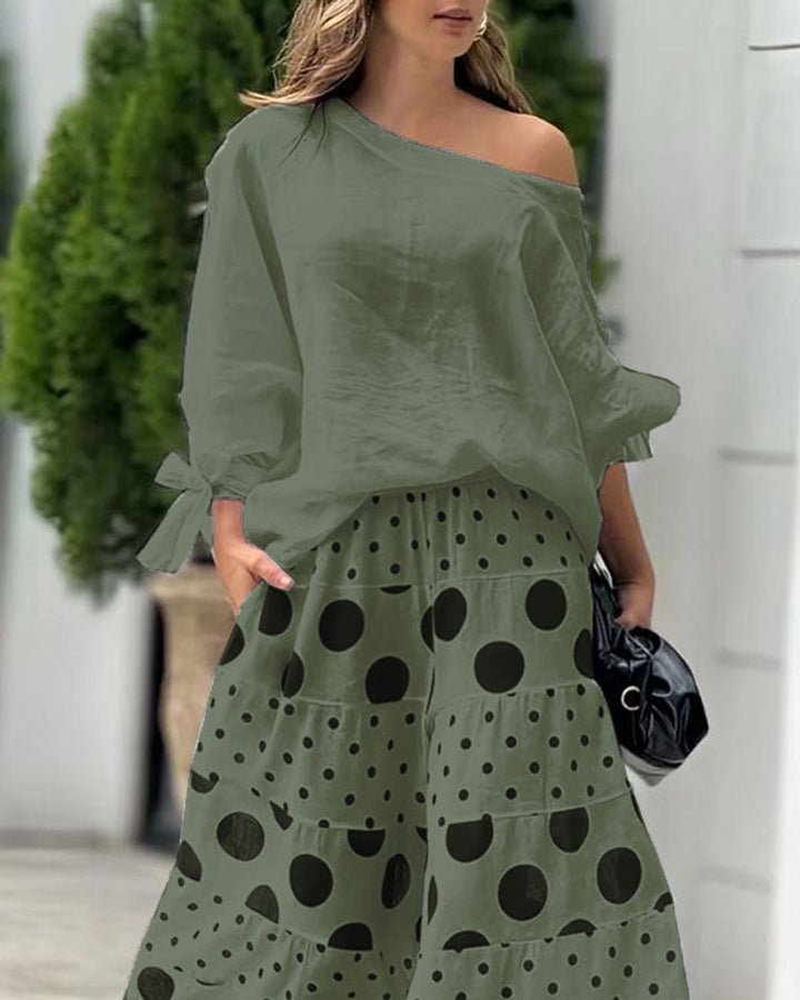 Conjunto Casual de Top con Hombros Descubiertos y Pantalones Estampados Samantha