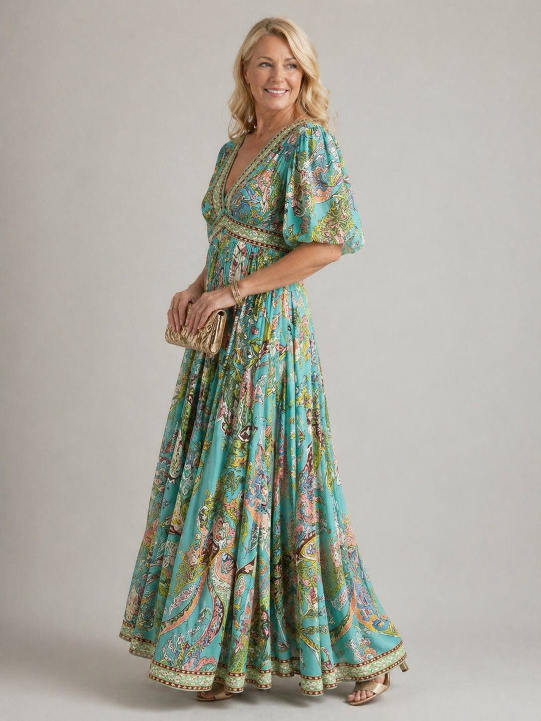 Ellis & Johnson™ | Vestido maxi ligero con mangas abullonadas y escote en V