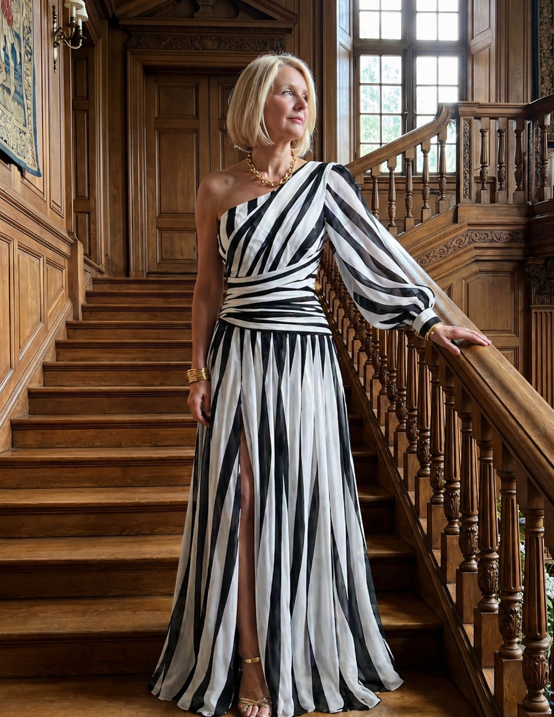Ellis & Johnson™ | Elegante Vestido Maxi a Rayas de Un Hombro