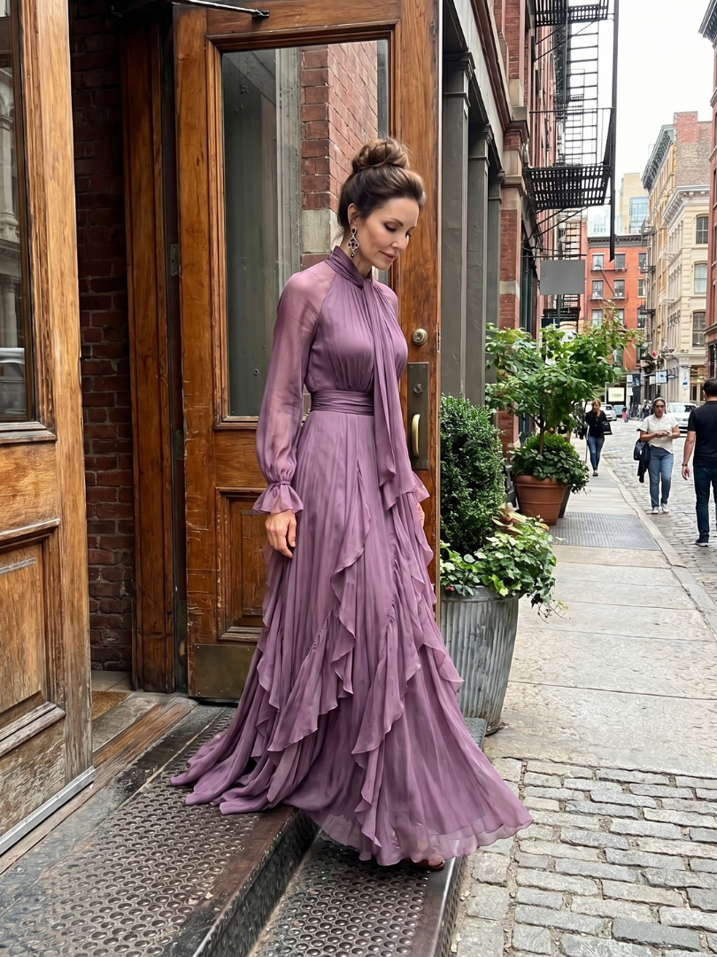 Demetria | Vestido Maxi con Cuello de Lazo y Volantes