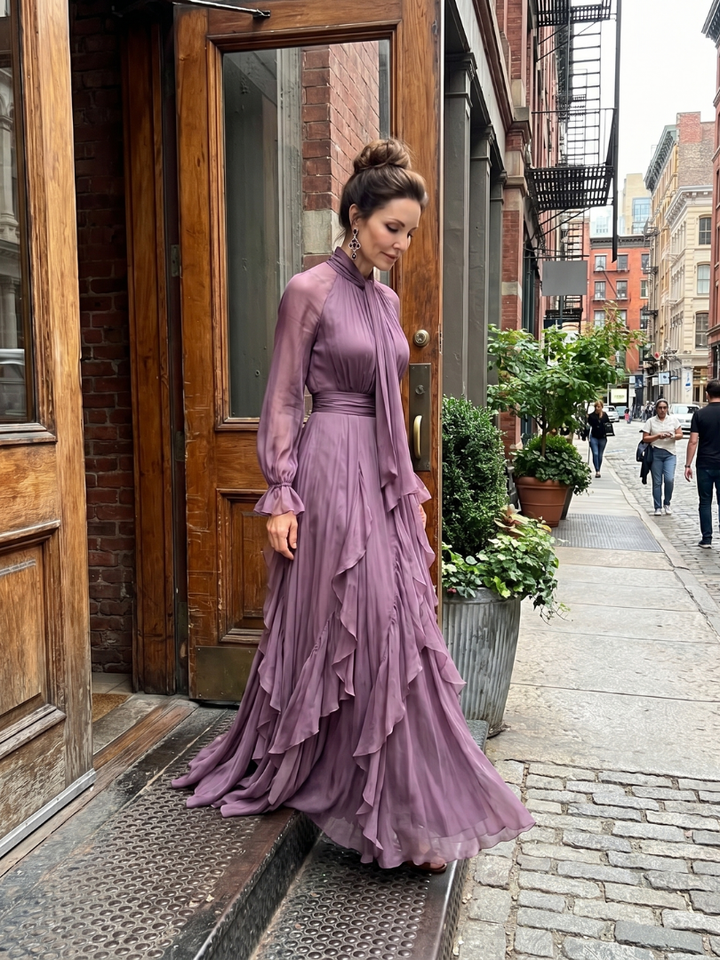 Demetria | Vestido Maxi con Cuello de Lazo y Volantes