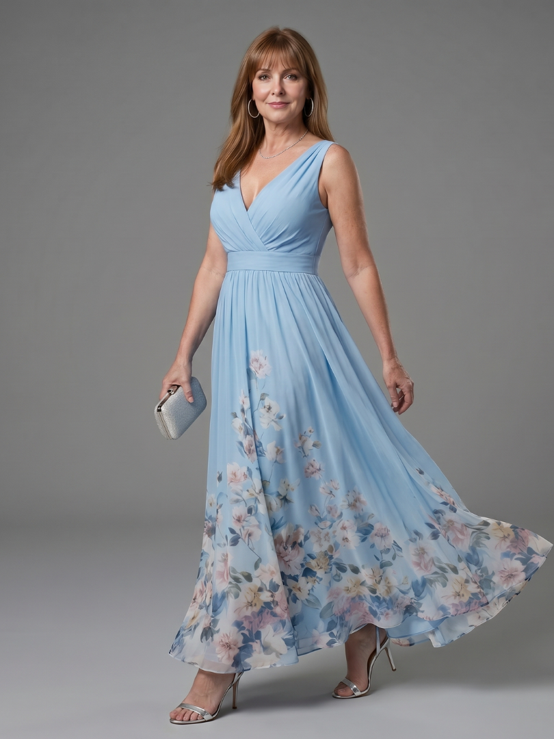 Clarissa | Vestido midi sin mangas con escote en V y dobladillo floral suave