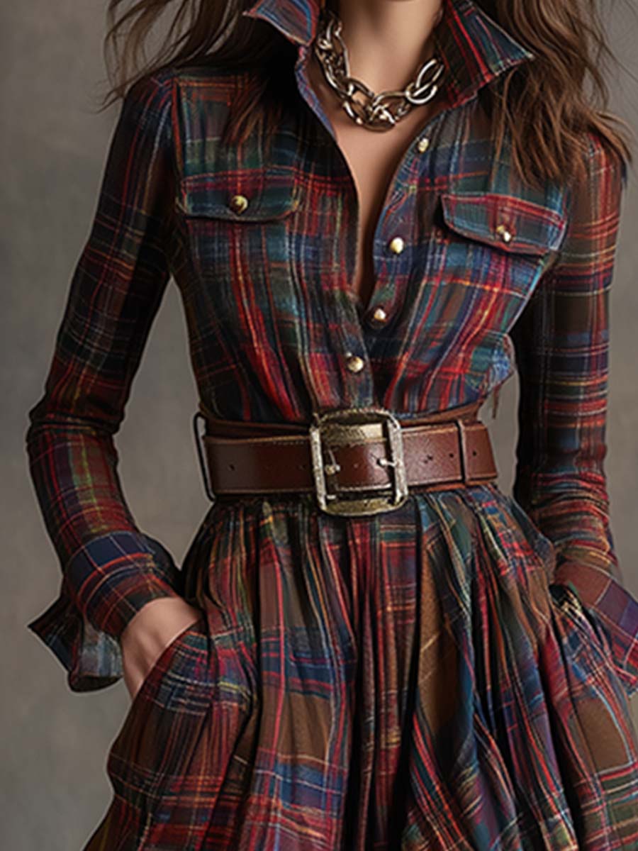 Scarlett | Vestido Camisero Largo a Cuadros con Mangas Largas y Cinturón