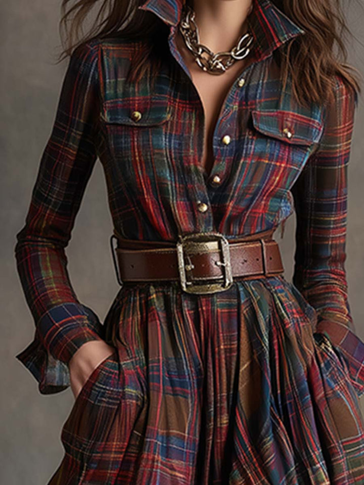 Scarlett | Vestido Camisero Largo a Cuadros con Mangas Largas y Cinturón