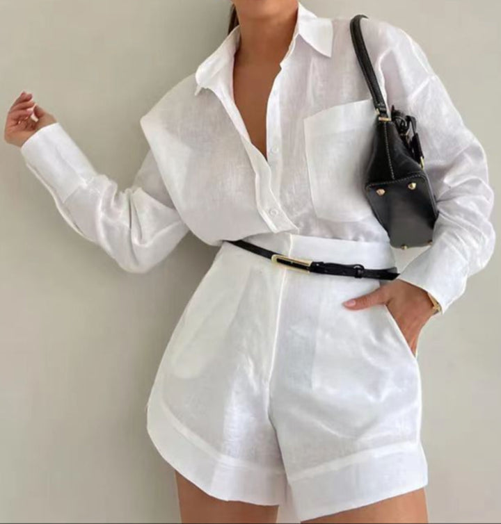 Conjunto de Camiseta de Manga Larga y Pantalones Cortos de Algodón y Lino Lila
