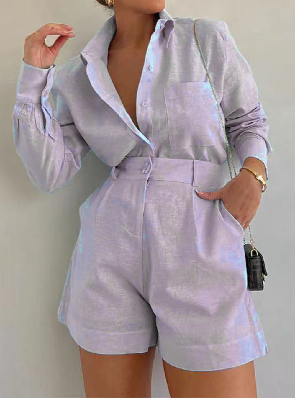 Conjunto de Camiseta de Manga Larga y Pantalones Cortos de Algodón y Lino Lila