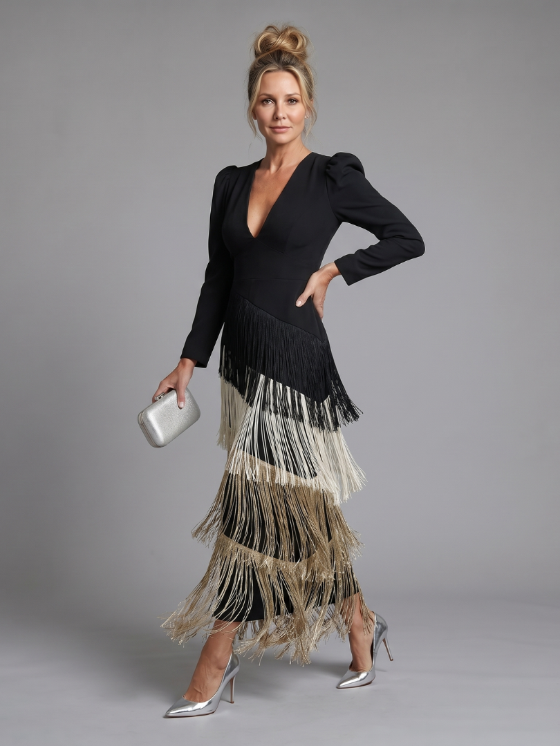 Samara | Vestido Midi de Manga Larga con Flecos Suaves