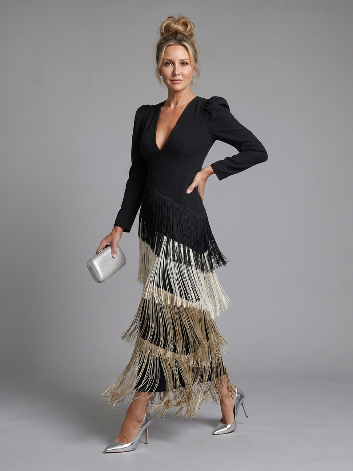 Samara | Vestido Midi de Manga Larga con Flecos Suaves