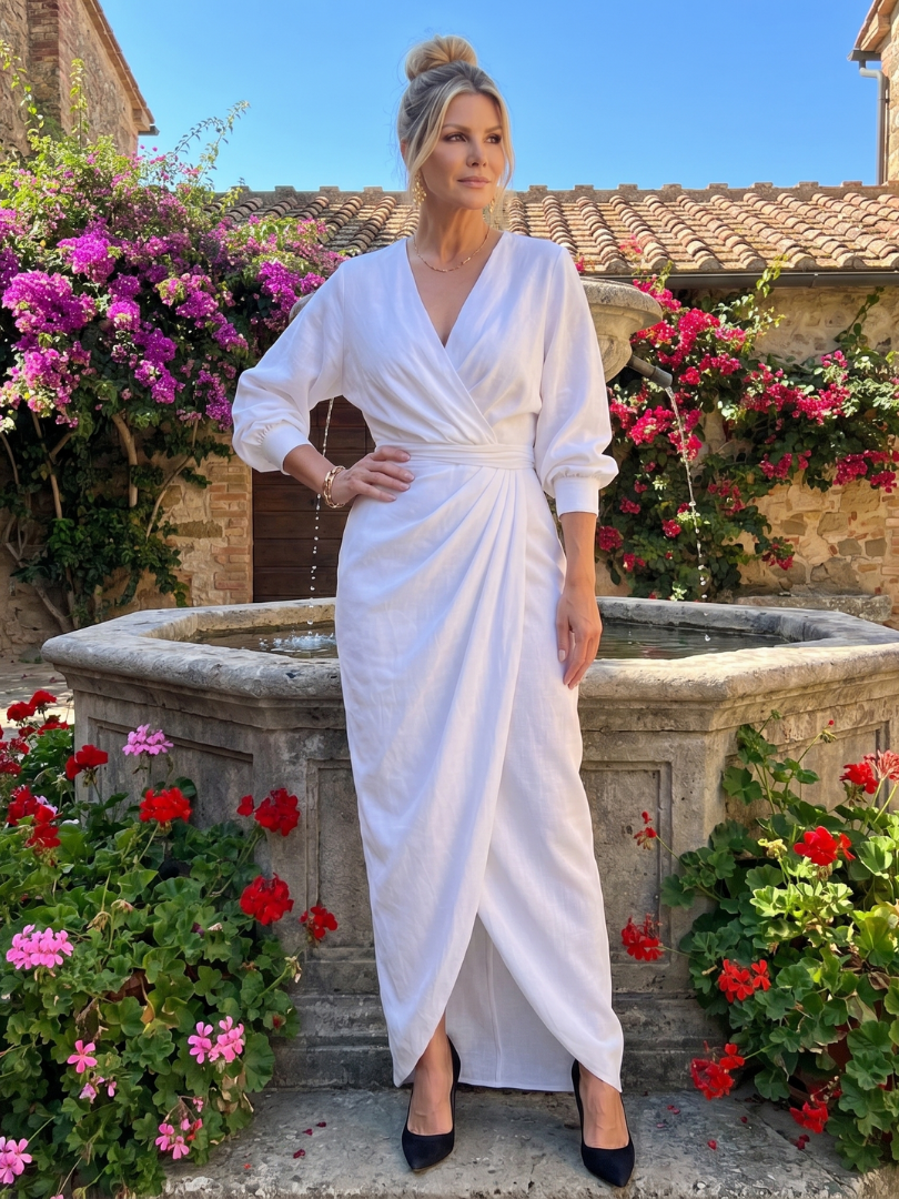 Fábula | Vestido Midi de Manga Larga con Cuerpo Envolvente