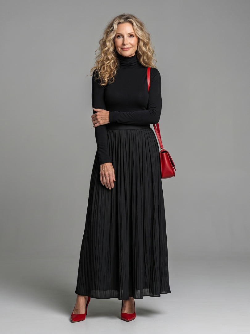 Lana | Vestido Midi de Cuello Alto y Manga Larga con Cintura Ajustada
