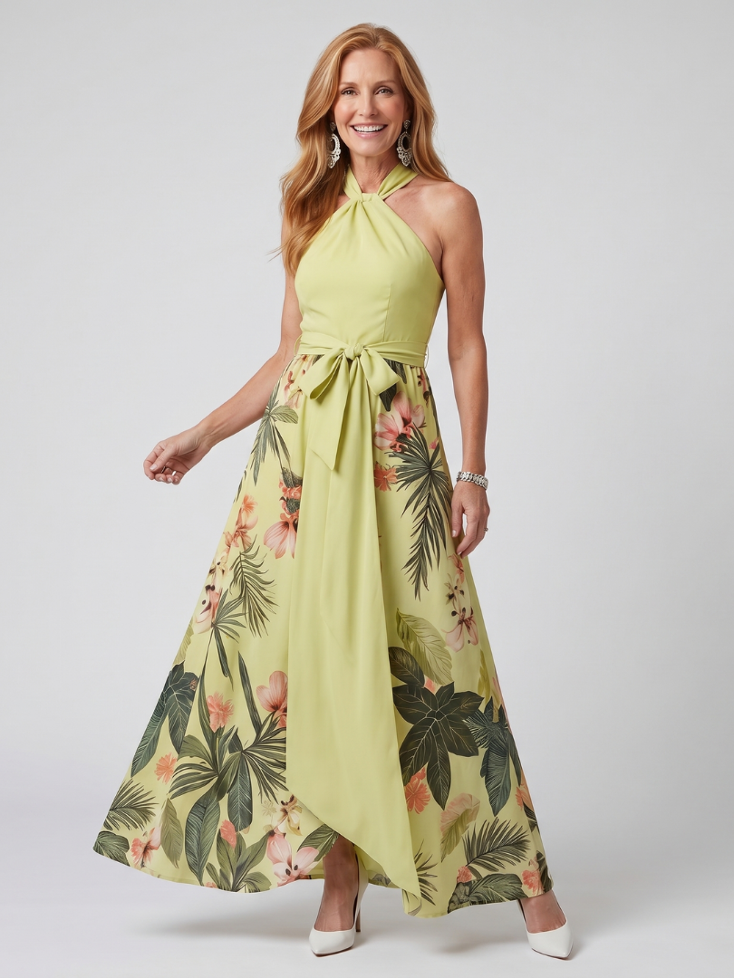 Meadow | Vestido Maxi de Panel Botánico con Cuello Halter Drapado
