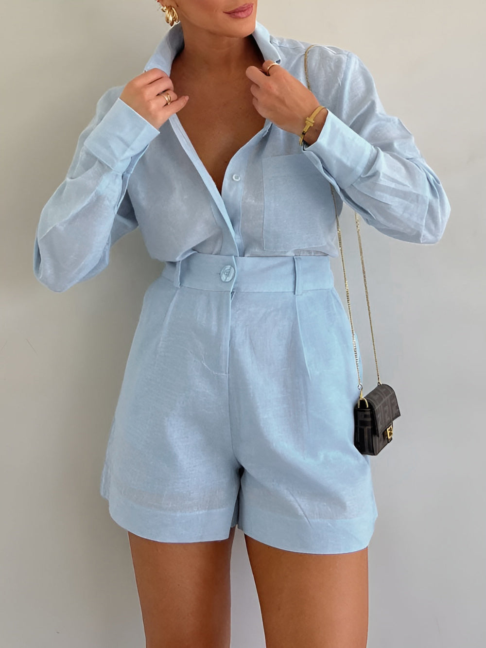 Conjunto de Camiseta de Manga Larga y Pantalones Cortos de Algodón y Lino Lila