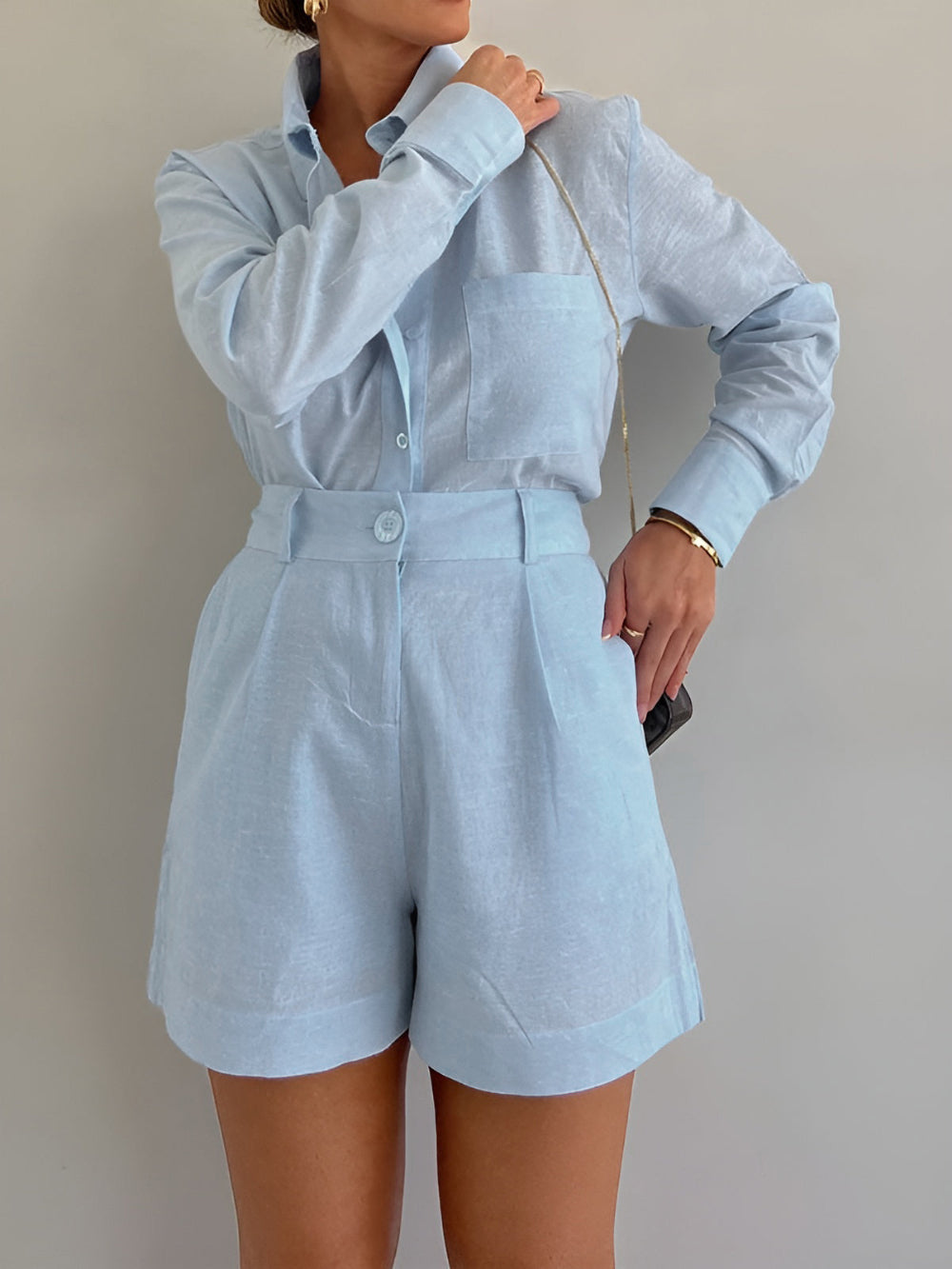 Conjunto de Pantalones Cortos de Manga Larga de Algodón y Lino Lila