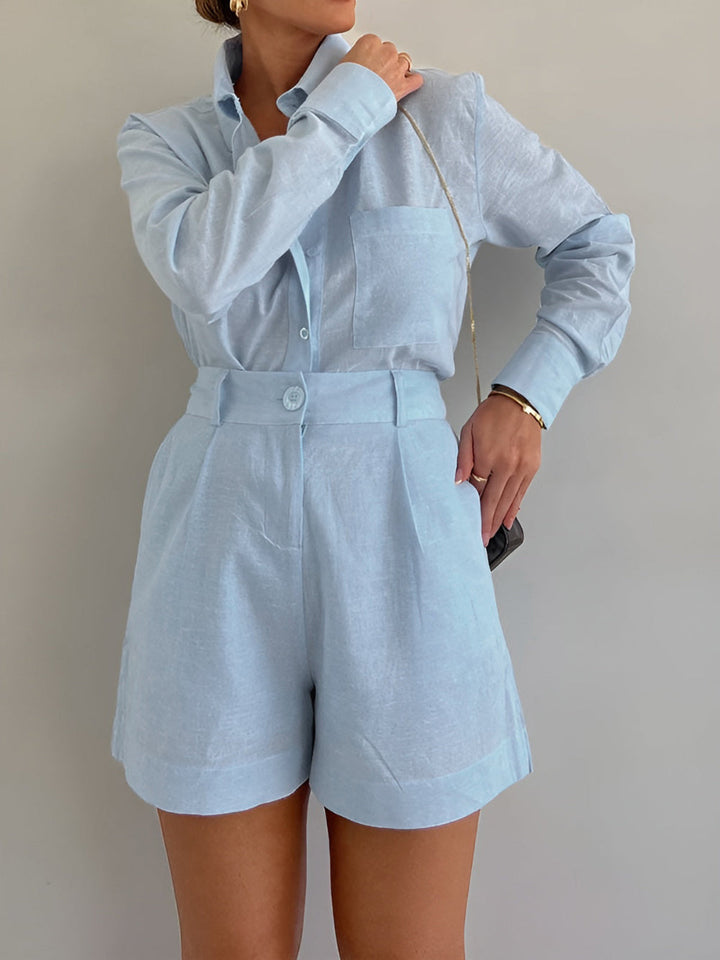 Conjunto de Pantalones Cortos de Manga Larga de Algodón y Lino Lila