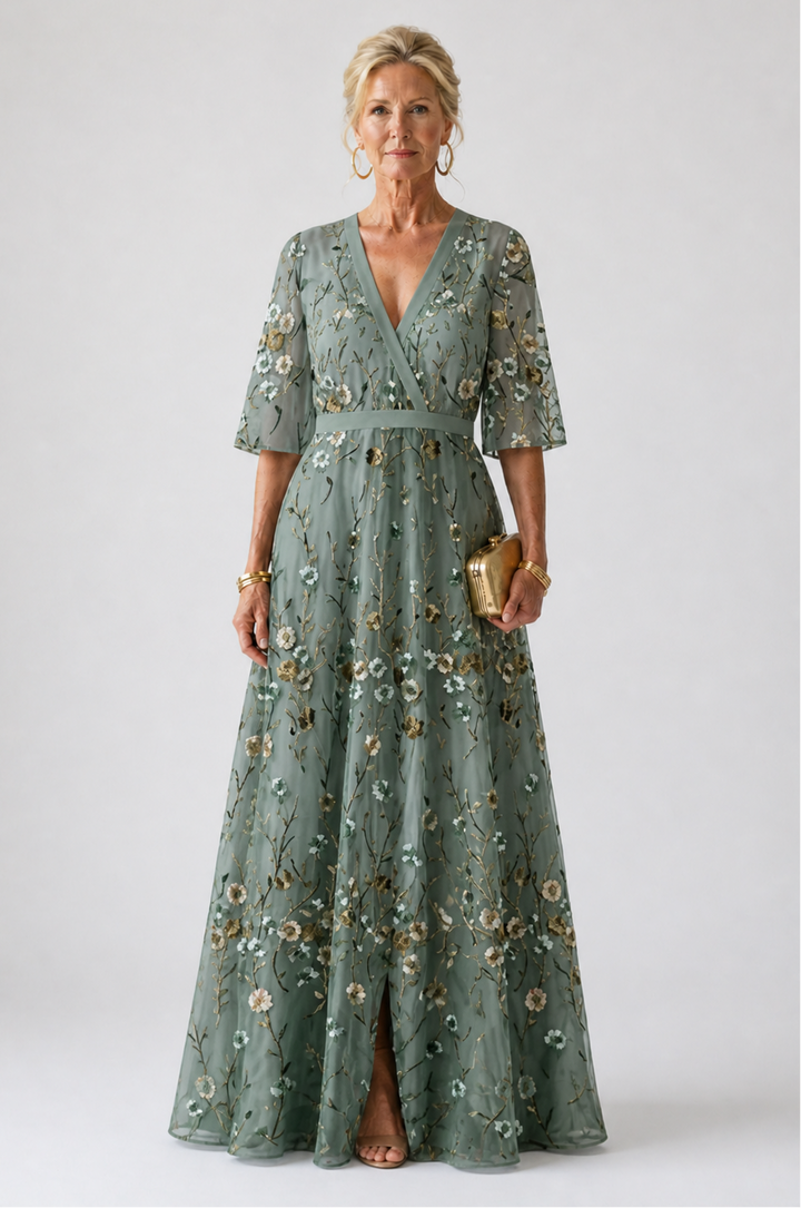 Ellis & Johnson™ | Vestido Maxi de Manga Corta con Escote en V Floral