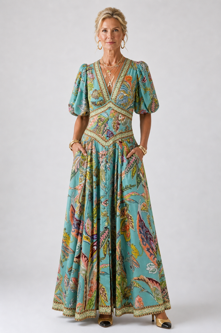 Ellis & Johnson™ | Vestido maxi ligero con mangas abullonadas y escote en V