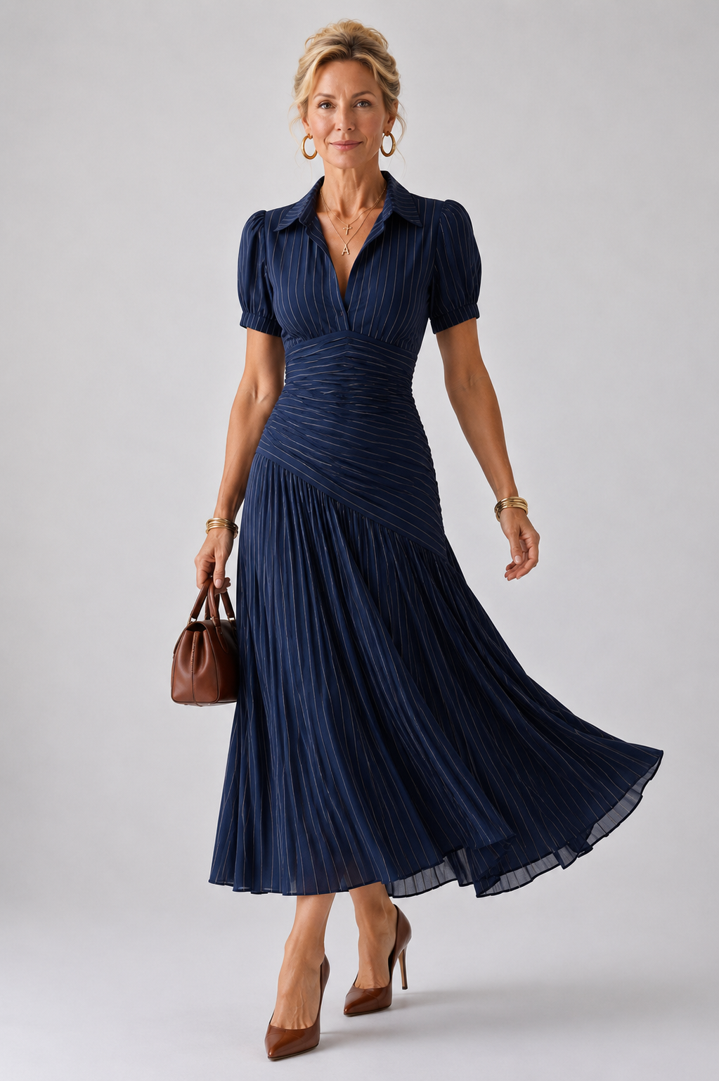 Theodora | Vestido Midi de Rayas con Cintura Plisada