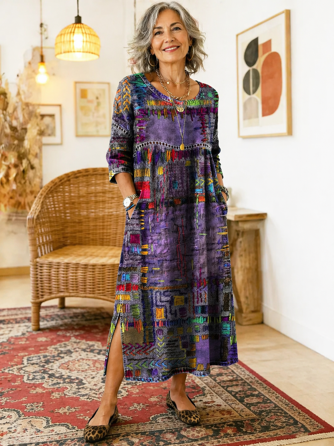 Manuela | Vestido Estampado con Patchwork Étnico
