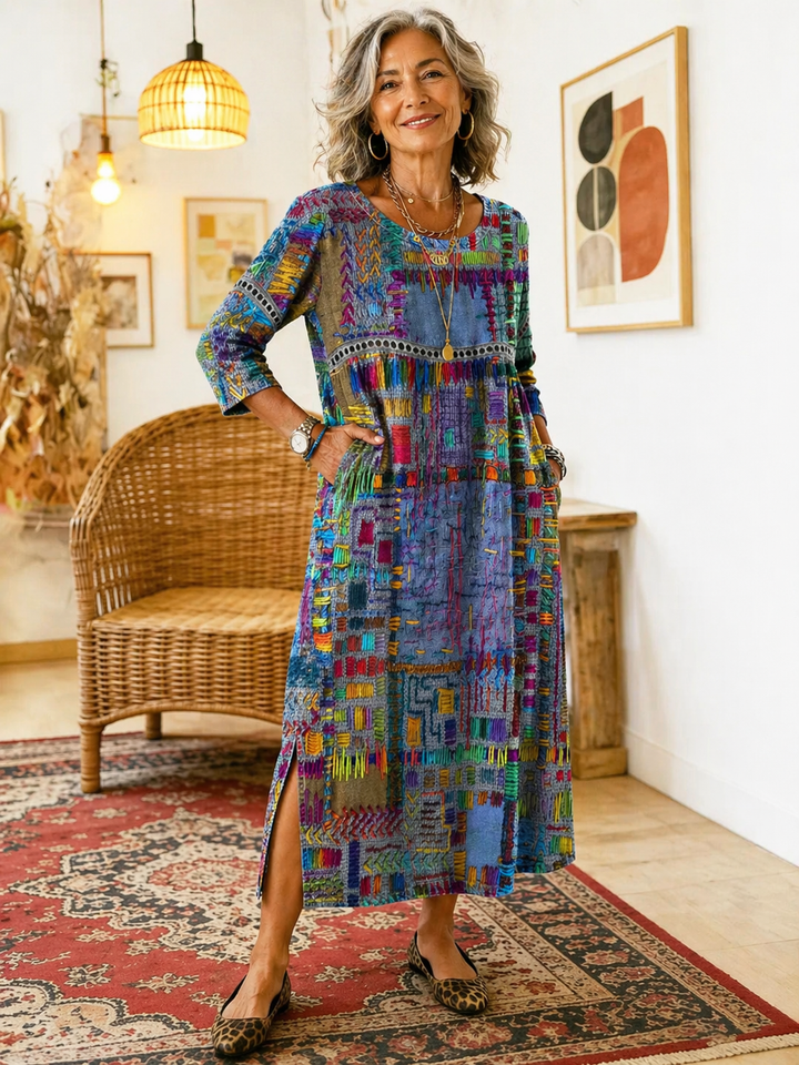 Manuela | Vestido Estampado con Patchwork Étnico