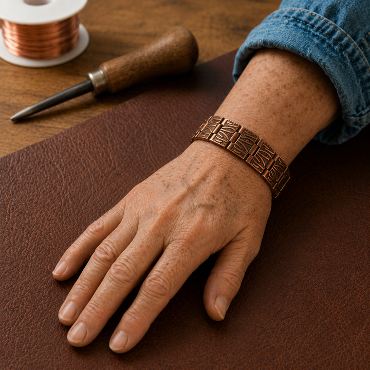 "Pulsera de Cobre para Hombre de Patricia's Grit" se puede traducir al español como "Pulsera de Cobre Masculina de Patricia's Grit".