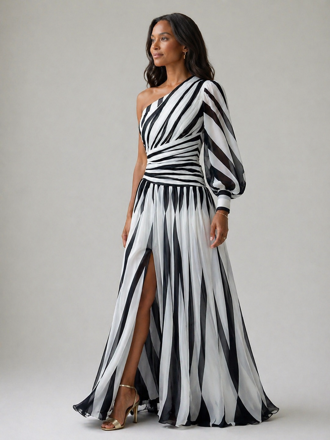 Ellis & Johnson™ | Elegante Vestido Maxi a Rayas de Un Hombro