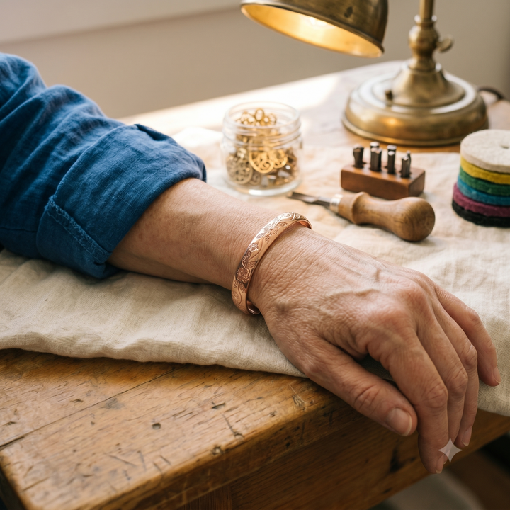 "Pulsera de Cobre de Patricia's Bloom" se puede traducir como "Pulsera de Cobre de Patricia's Bloom". Sin embargo, si deseas una versión más adaptada al español, podrías usar: "Pulsera de Cobre de Patricia Bloom".