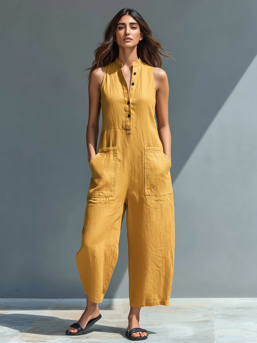 Claudia - Pantalón de tirantes minimalista de lino para mujer, sin mangas, cuello alto y botones