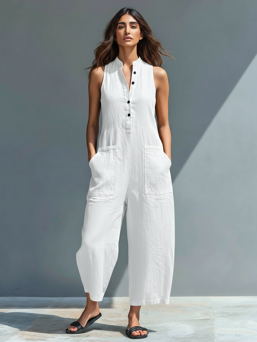 Claudia - Pantalón de tirantes minimalista de lino para mujer, sin mangas, cuello alto y botones