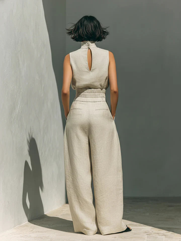 Flor™ | Conjunto minimalista de blusa sin mangas y pantalón de pierna ancha en algodón y lino para mujer