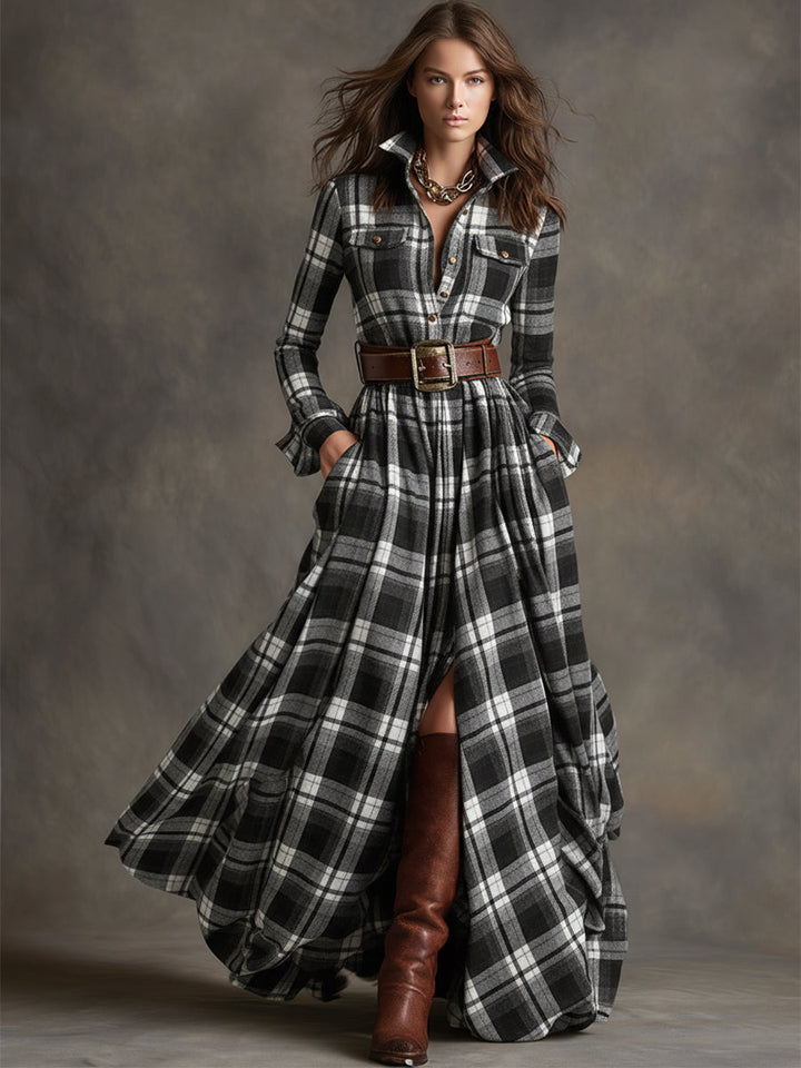 Scarlett | Vestido Camisero Largo a Cuadros con Mangas Largas y Cinturón