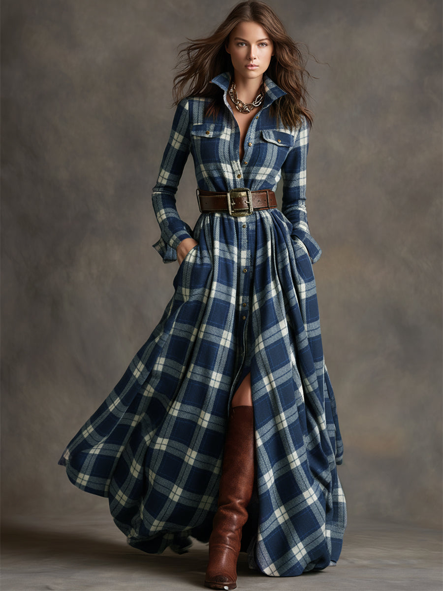 Scarlett | Vestido Camisero Largo a Cuadros con Mangas Largas y Cinturón