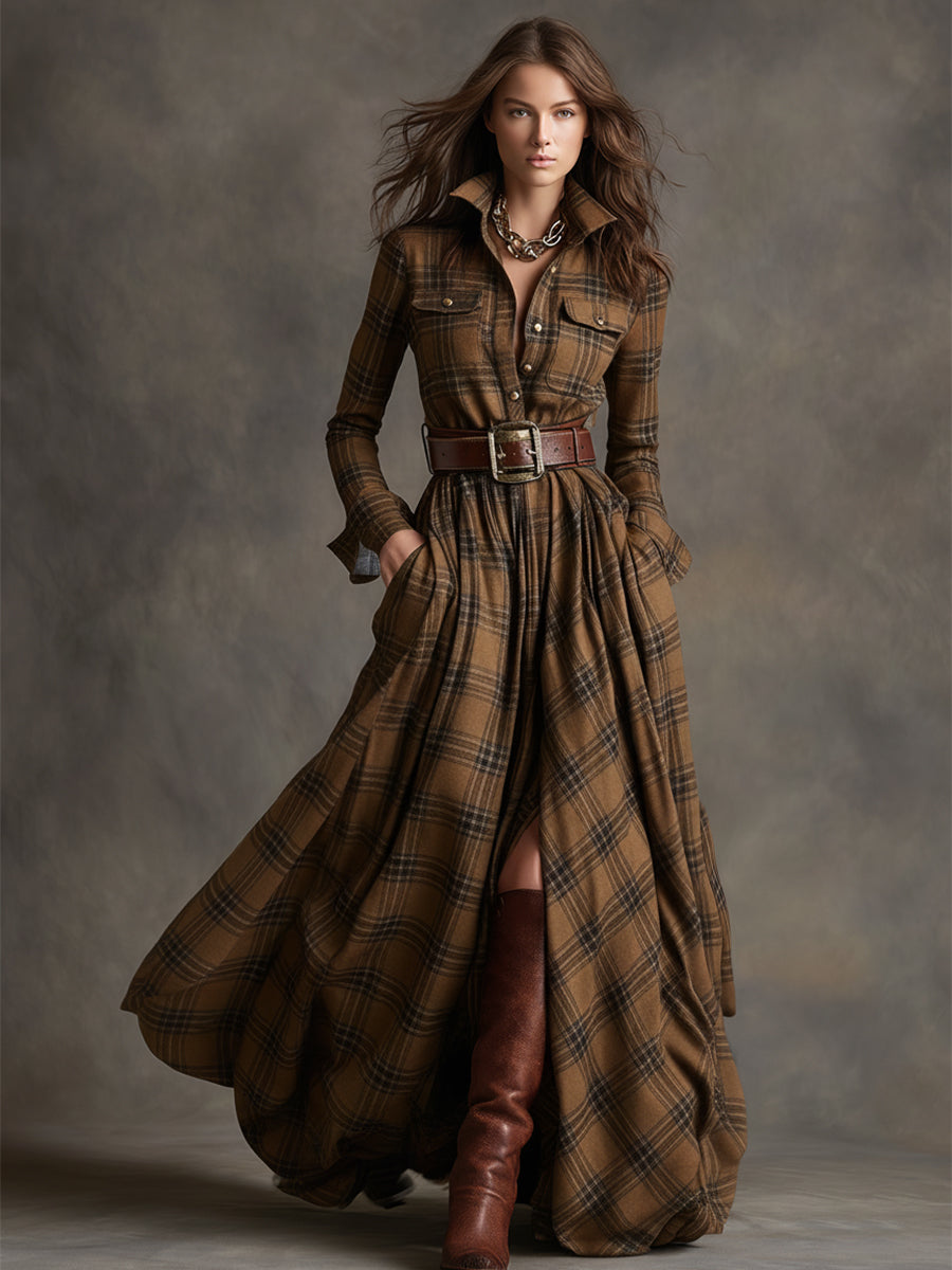 Scarlett | Vestido Camisero Largo a Cuadros con Mangas Largas y Cinturón