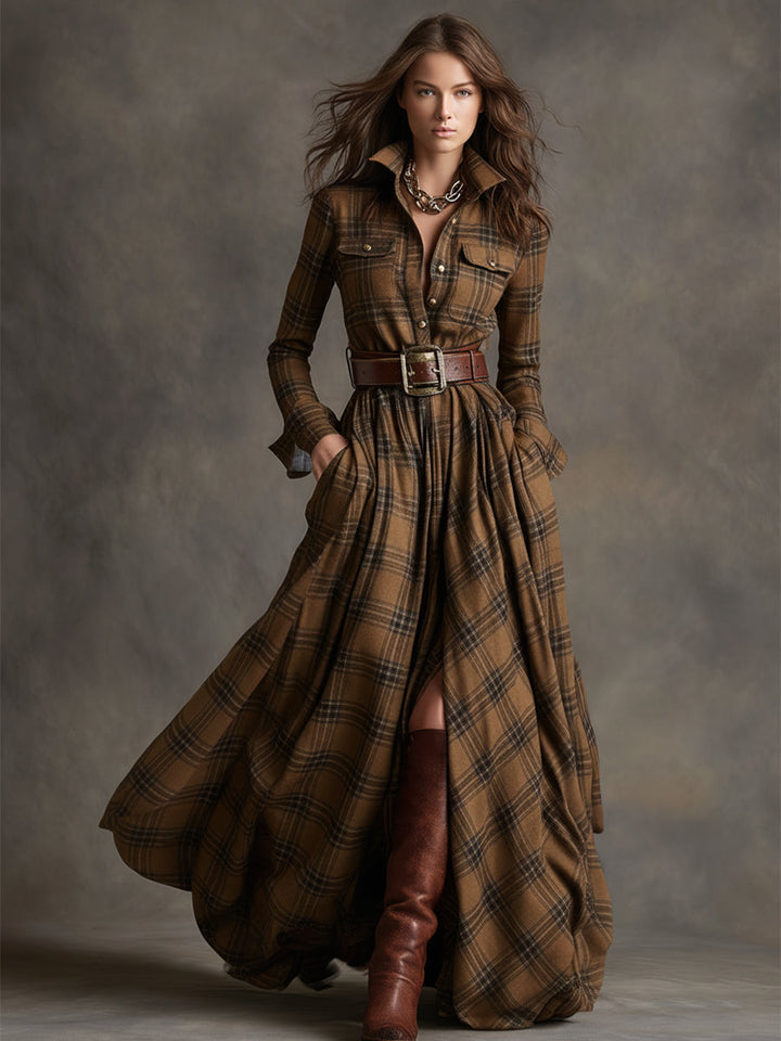 Scarlett | Vestido Camisero Largo a Cuadros con Mangas Largas y Cinturón