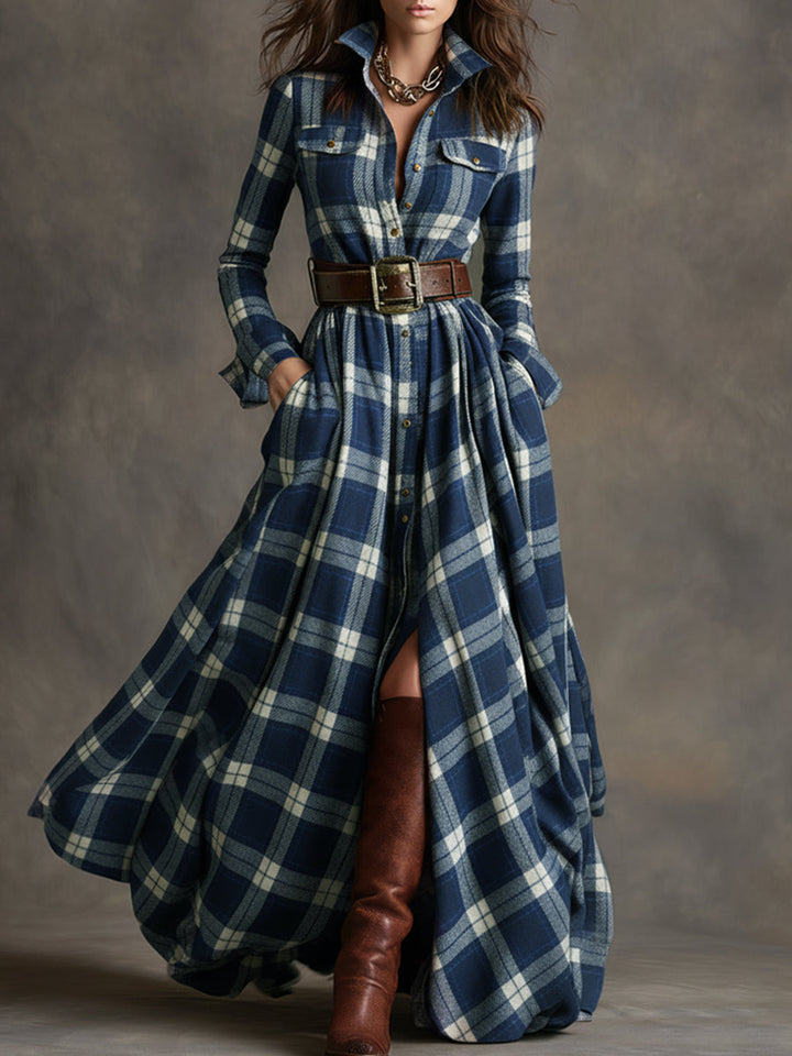 Scarlett | Vestido Camisero Largo a Cuadros con Mangas Largas y Cinturón