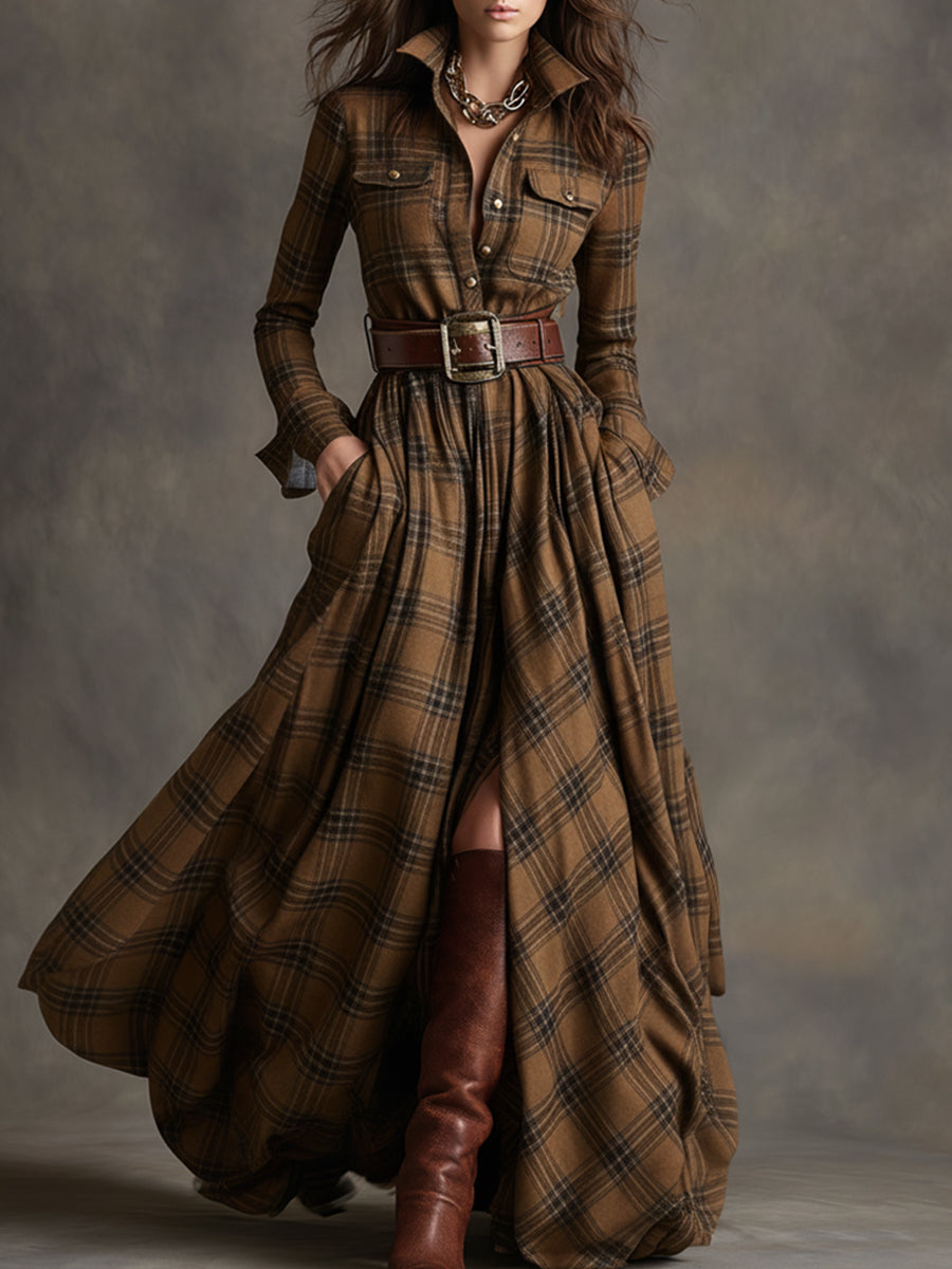 Scarlett | Vestido Camisero Largo a Cuadros con Mangas Largas y Cinturón