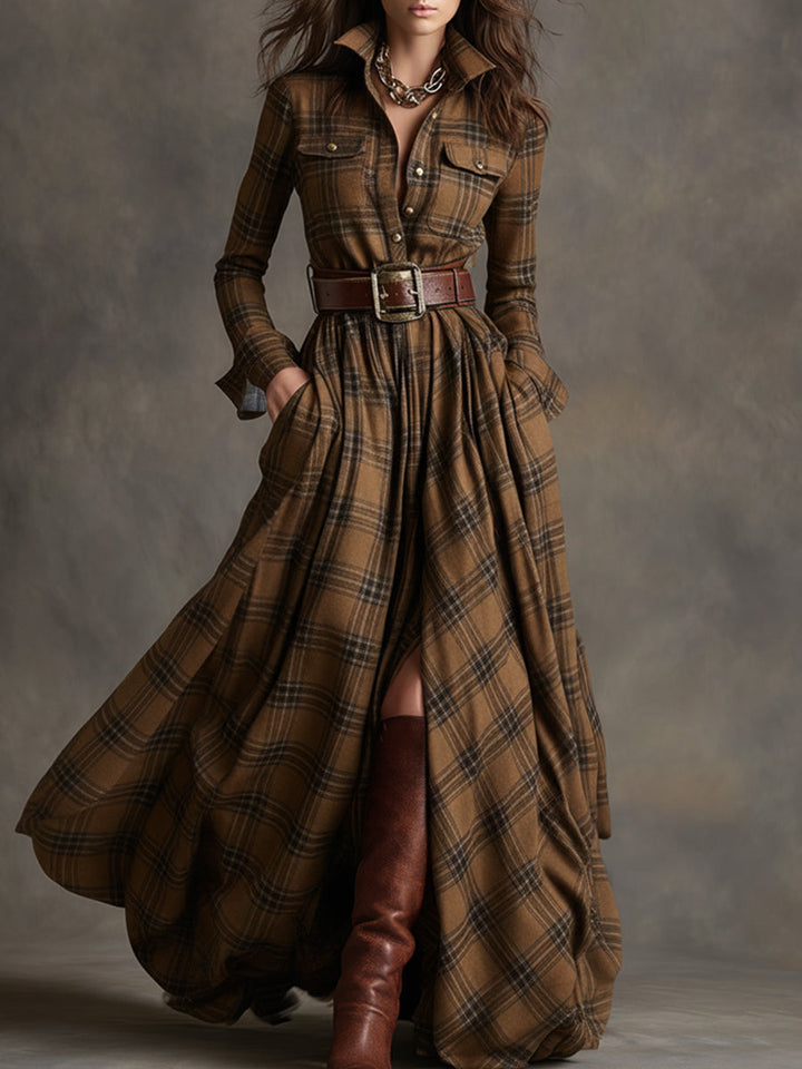 Scarlett | Vestido Camisero Largo a Cuadros con Mangas Largas y Cinturón