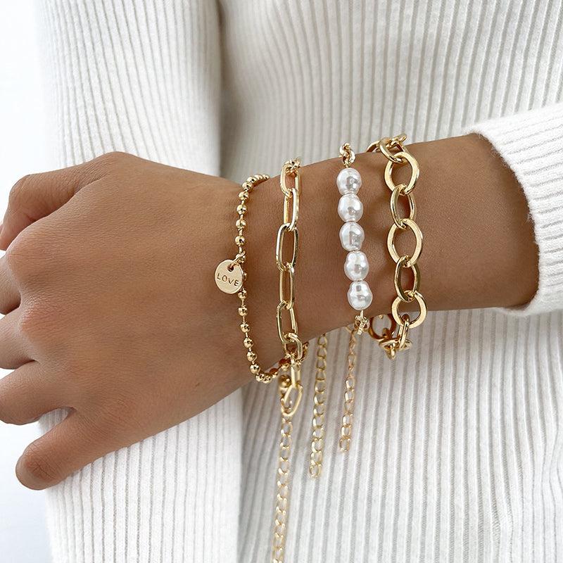 Conjunto de Pulseras de Perlas Doradas