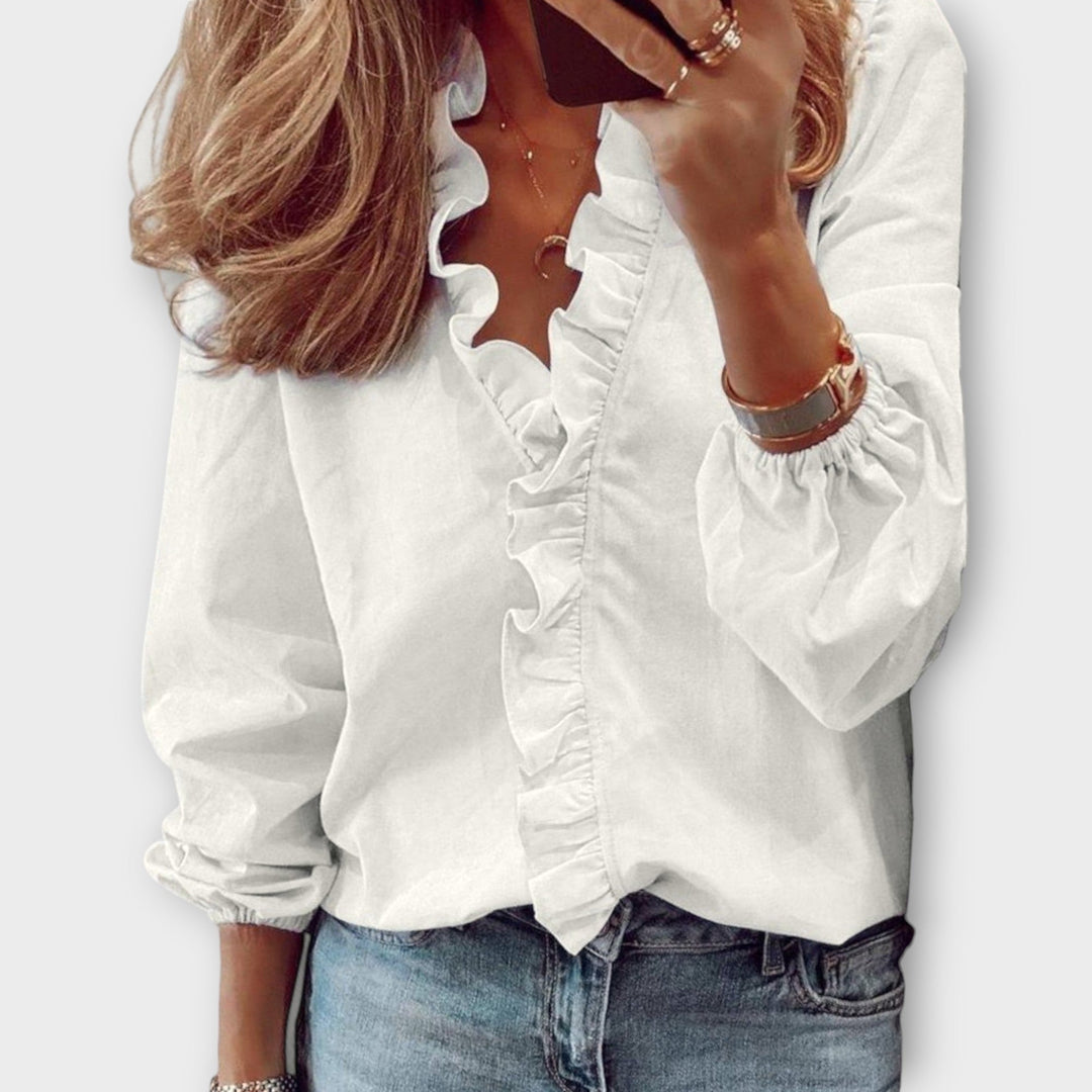 Celeste | Blusa de Mujer con Volantes en el Frente y Cuello en V de Manga Larga
