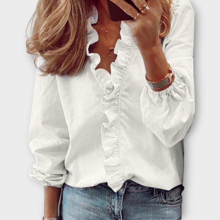 Celeste | Blusa de Mujer con Volantes en el Frente y Cuello en V de Manga Larga