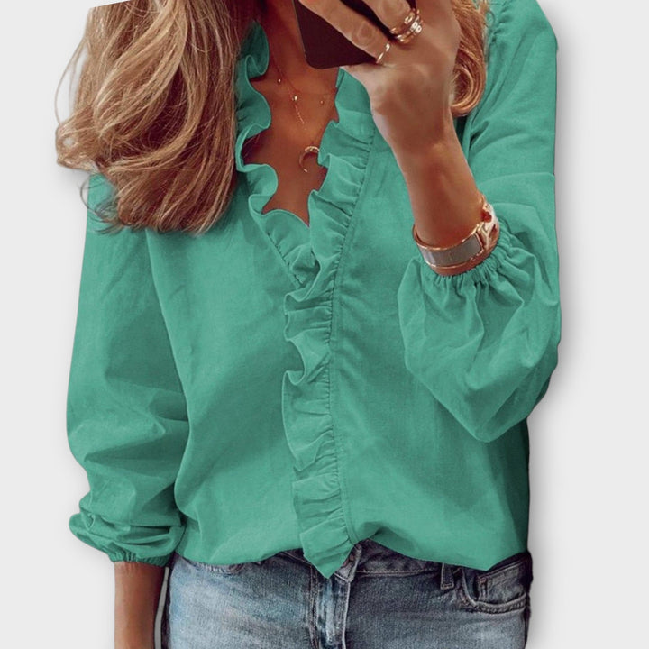Celeste | Blusa de Mujer con Volantes en el Frente y Cuello en V de Manga Larga