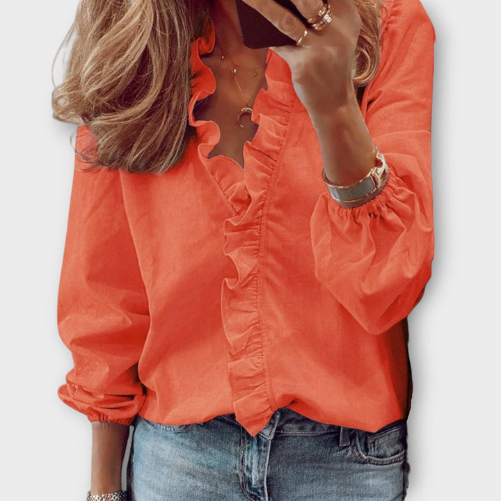 Celeste | Blusa de Mujer con Volantes en el Frente y Cuello en V de Manga Larga