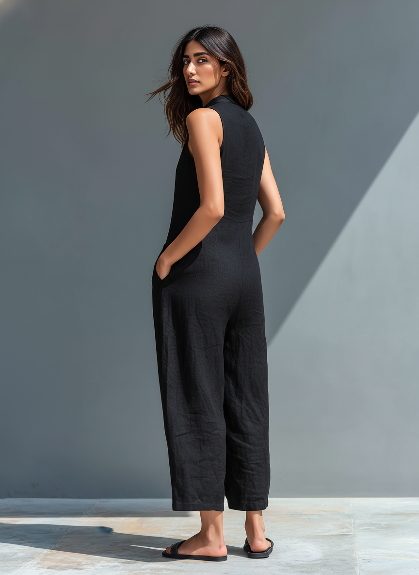 Claudia - Pantalón de tirantes minimalista de lino para mujer, sin mangas, cuello alto y botones