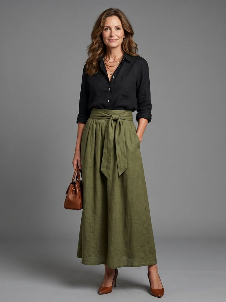 Vera | Conjunto de Dos Piezas: Blusa Negra y Falda Midi Verde Oliva