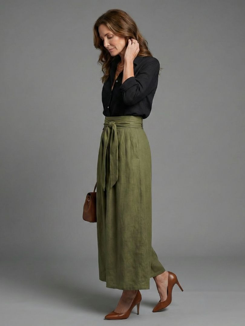 Vera | Conjunto de Dos Piezas: Blusa Negra y Falda Midi Verde Oliva
