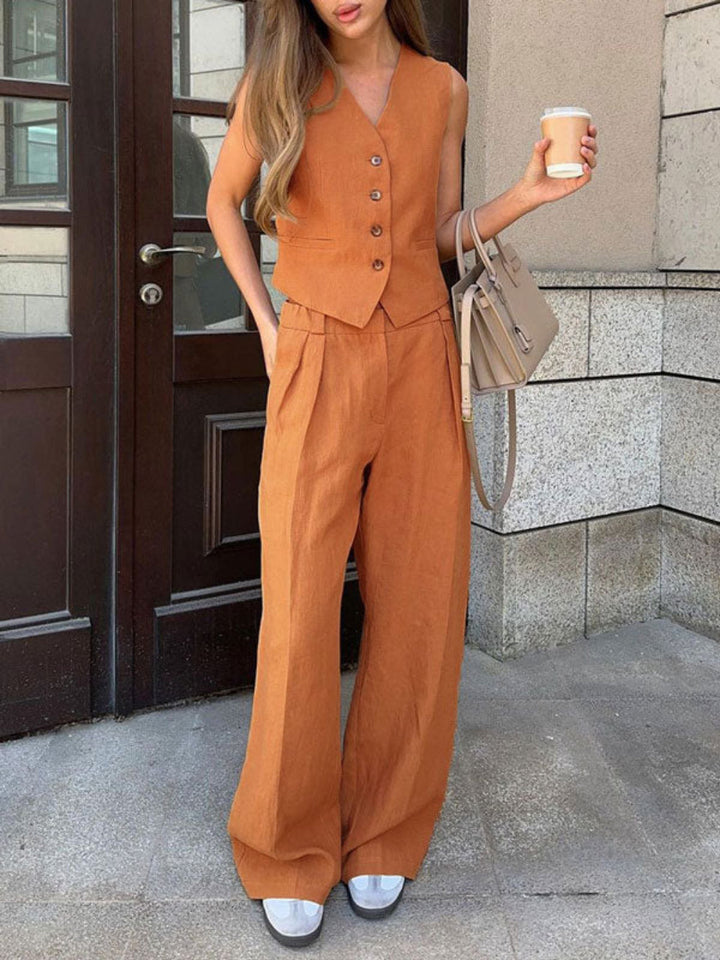 Conjunto de Pantalones Anchos Plisados con Escote en V de Color Lila